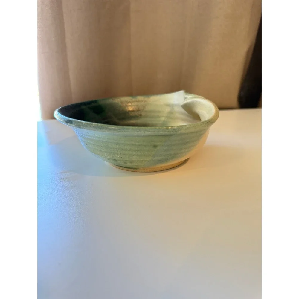 Signed Studio Pottery Handcrafted Green Tan Glazed Organic Folded Rim Bowl
